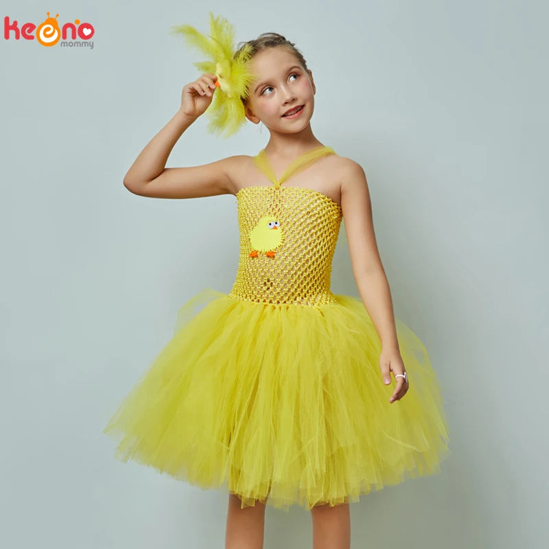 Yellow Chicken Tutu Dress Girls Kids Farm Animal Party Halloween Costume Feather Wings Children Cake Smash Photo Tulle Dress