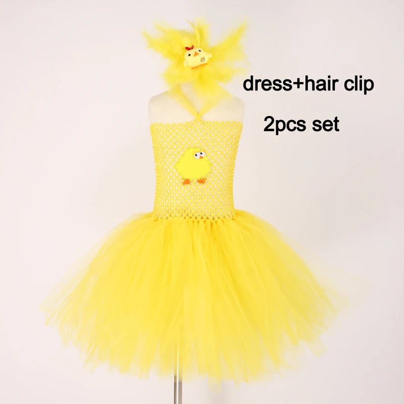 Yellow Chicken Tutu Dress Girls Kids Farm Animal Party Halloween Costume Feather Wings Children Cake Smash Photo Tulle Dress