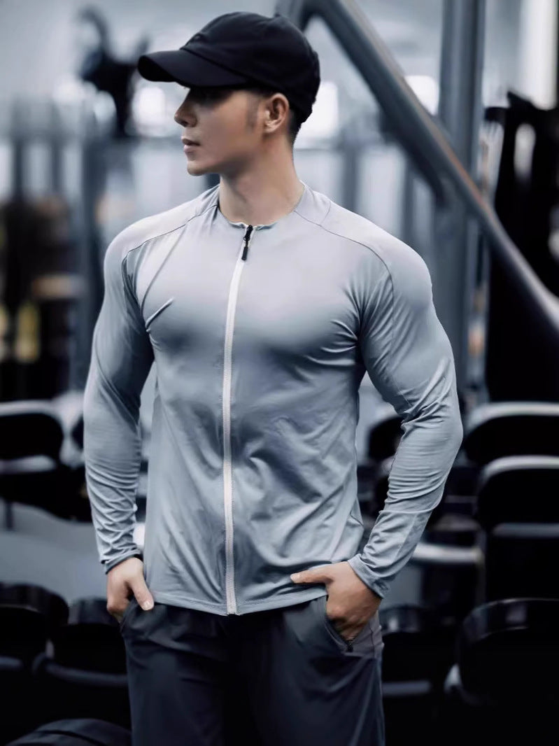 Men's T-shirt Spring and Autumn Muscle Sports Fitness Leisure Exercise Running Elastic Quick-drying Slim-fit Zipper Long Sleeve Foreign Trade