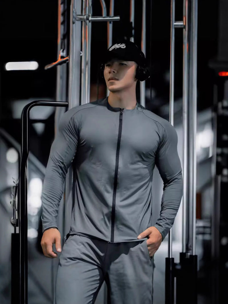 Men's T-shirt Spring and Autumn Muscle Sports Fitness Leisure Exercise Running Elastic Quick-drying Slim-fit Zipper Long Sleeve Foreign Trade