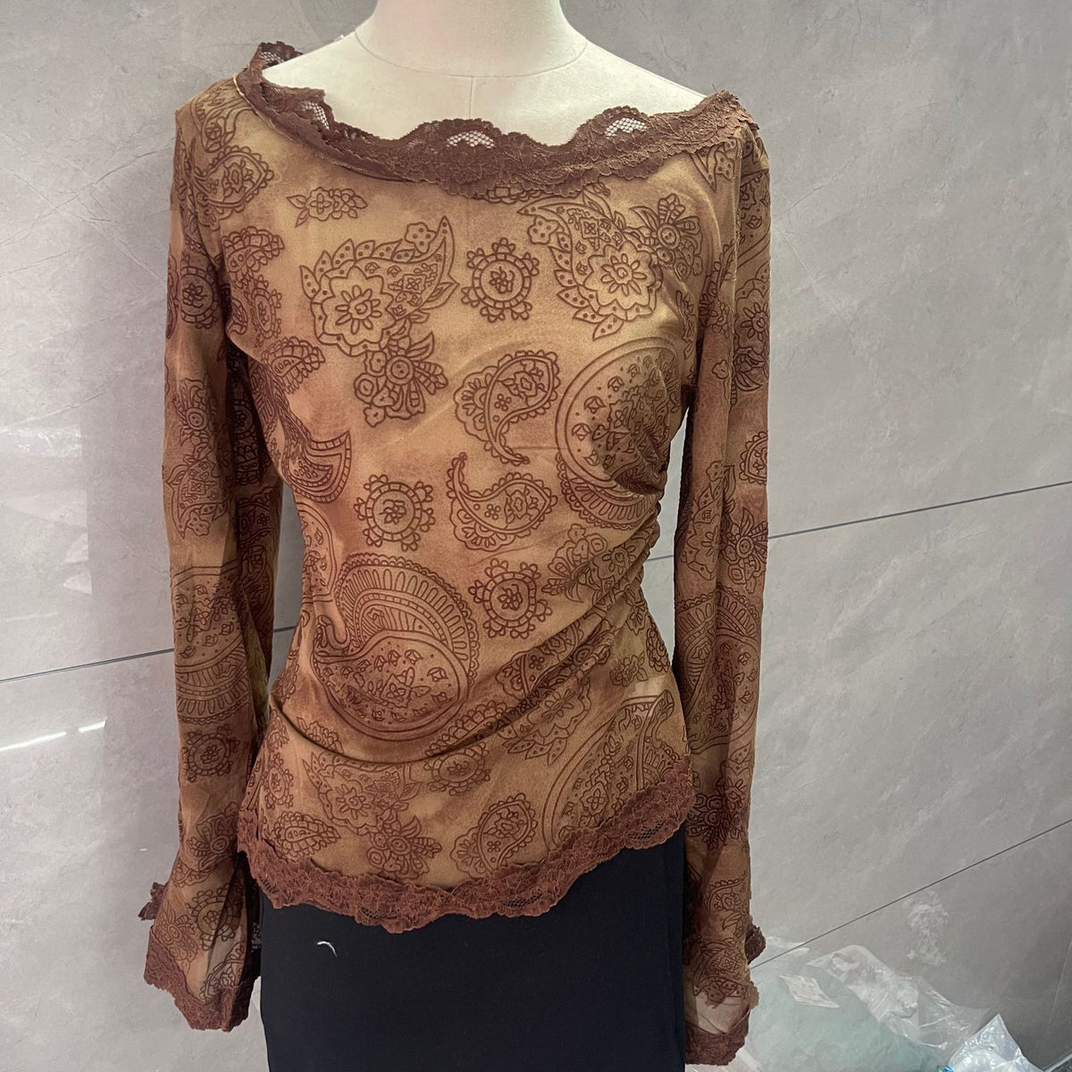 Niche Design Lace Lace Shirt for Women Autum New French Style One-Shoulder Thin Printed Mesh Top