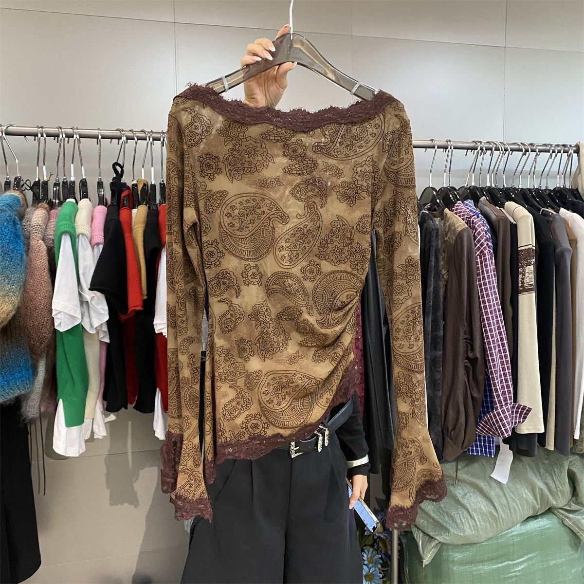 Niche Design Lace Lace Shirt for Women Autum New French Style One-Shoulder Thin Printed Mesh Top