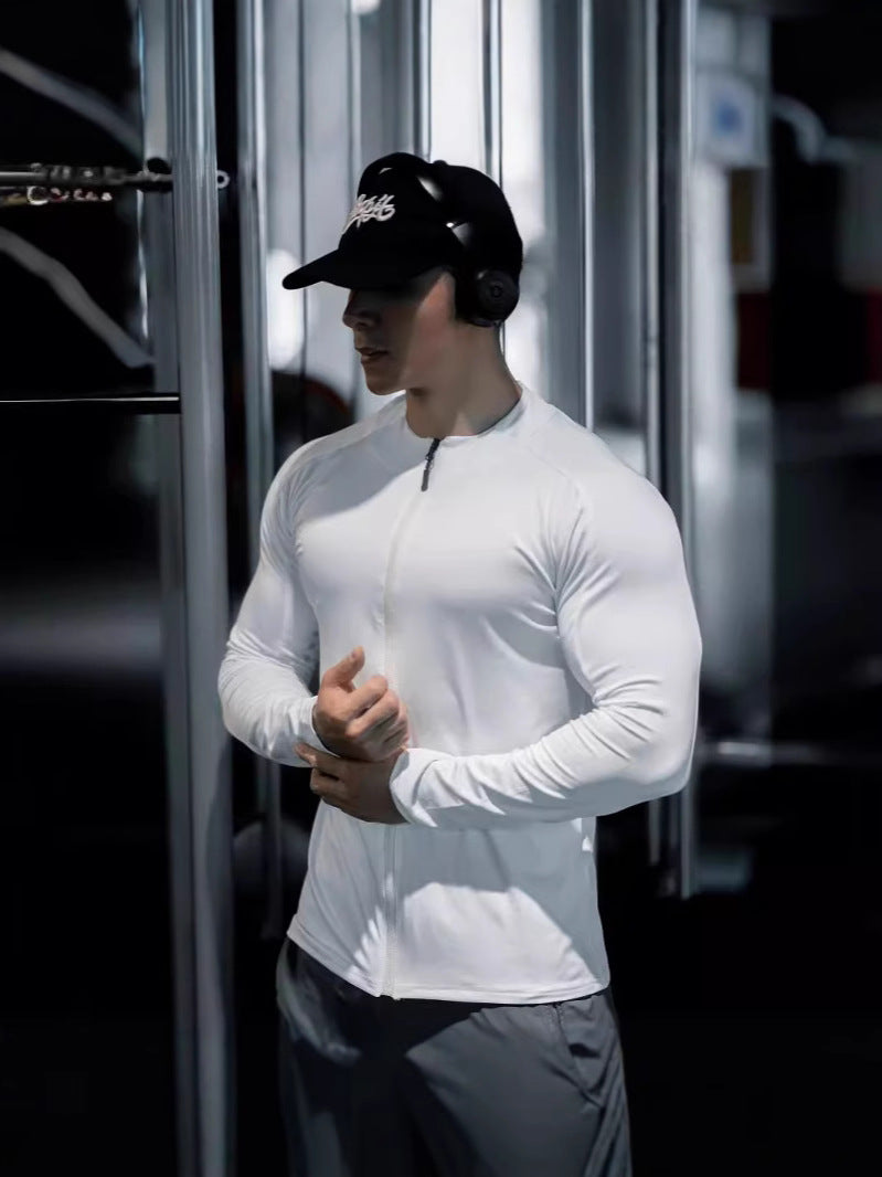 Men's T-shirt Spring and Autumn Muscle Sports Fitness Leisure Exercise Running Elastic Quick-drying Slim-fit Zipper Long Sleeve Foreign Trade