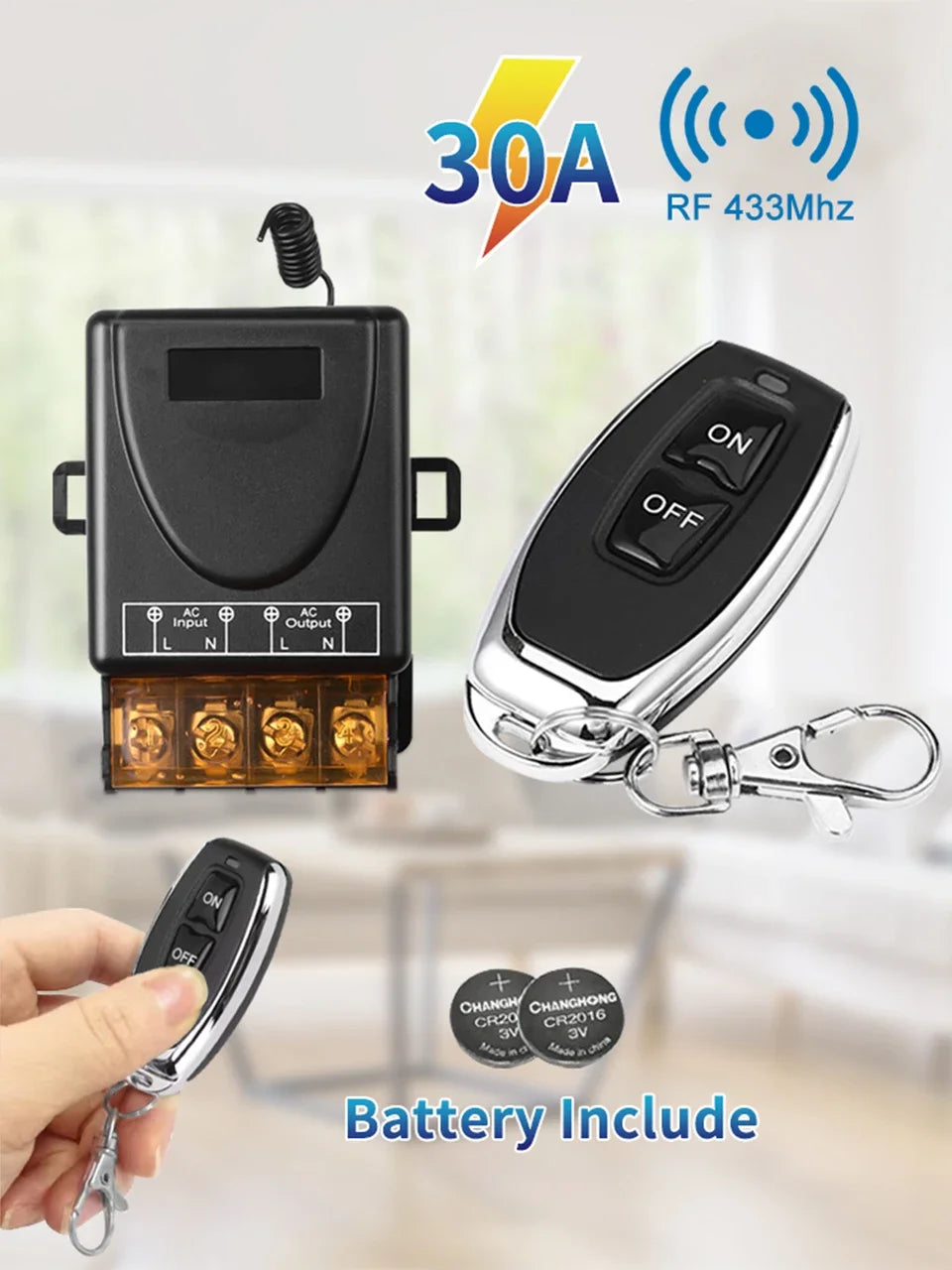 AC 75-220V DC 9-72V RF433Mhz Wireless Remote Control Switch 12V 24V 110V 220V 30A Relay Receiver for Water Pump Motor LED Light