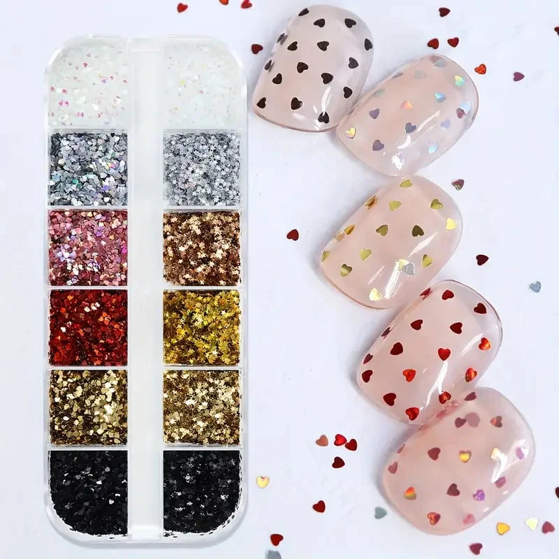 12 Grids Y2K Mini Laser Star Heart Nail Sequins Glitter Five-pointed Stars Nail Flakes Epoxy Resin Mold Fillers Manicure Decor *