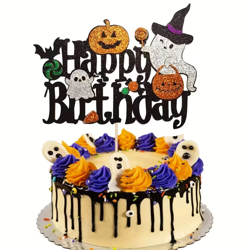 1/3 Halloween Cake Decoration - Spooky Birthday Party Decoration with "Happy Birthday" Text, Glittering Pumpkin, Bat - Wooden Ca