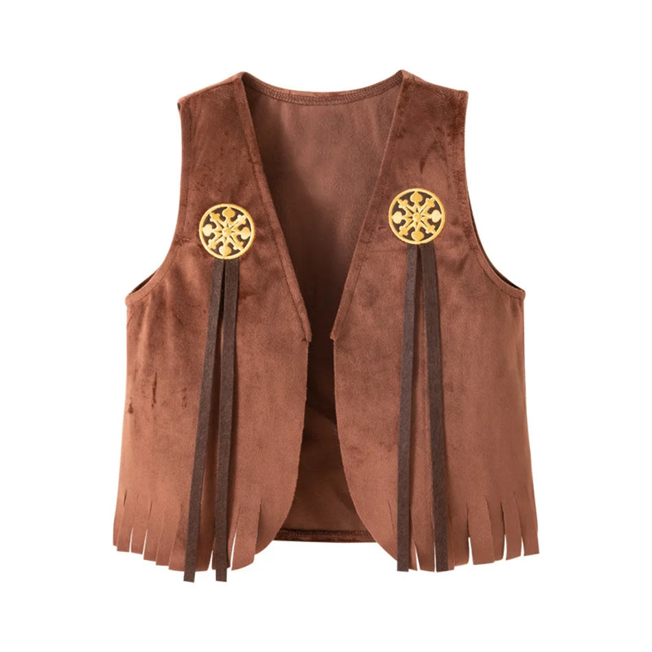 Kids Cowgirl Cosplay Vest Skirt Hat Set Girl Festival Performance Outfit Child Carnival Xmas Halloween Party Masquerade Clothing