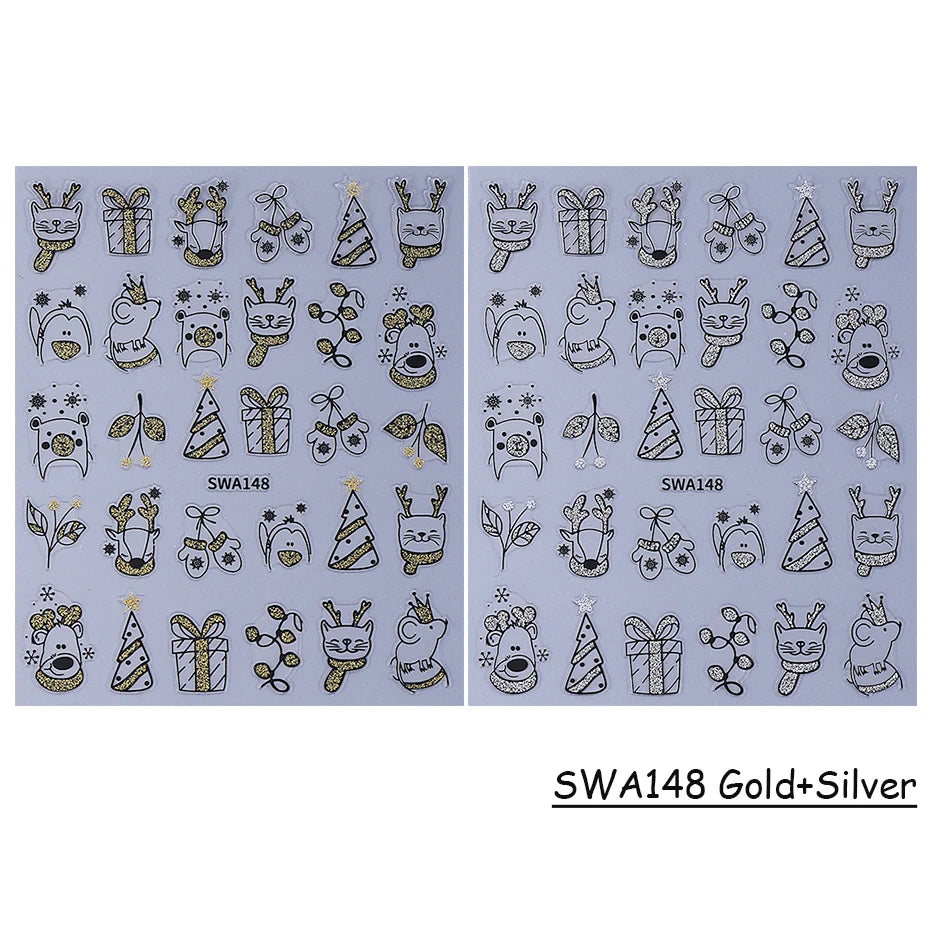 2/4pcs Cartoon Christmas Nail Stickers Glitter Gold Silver Reindeer Cat Snowflake Xmas Tree Adhesive Decals DIY Manicure Decor