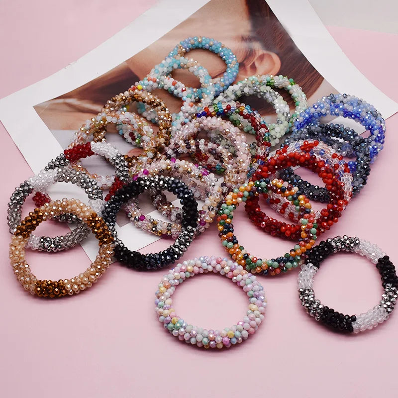 Mixed Color Trendy Glass Bead Bracelet Elastic Handmade Strand Bracelets for Women Gift New Hair Accessory Glass Beads Bracelet