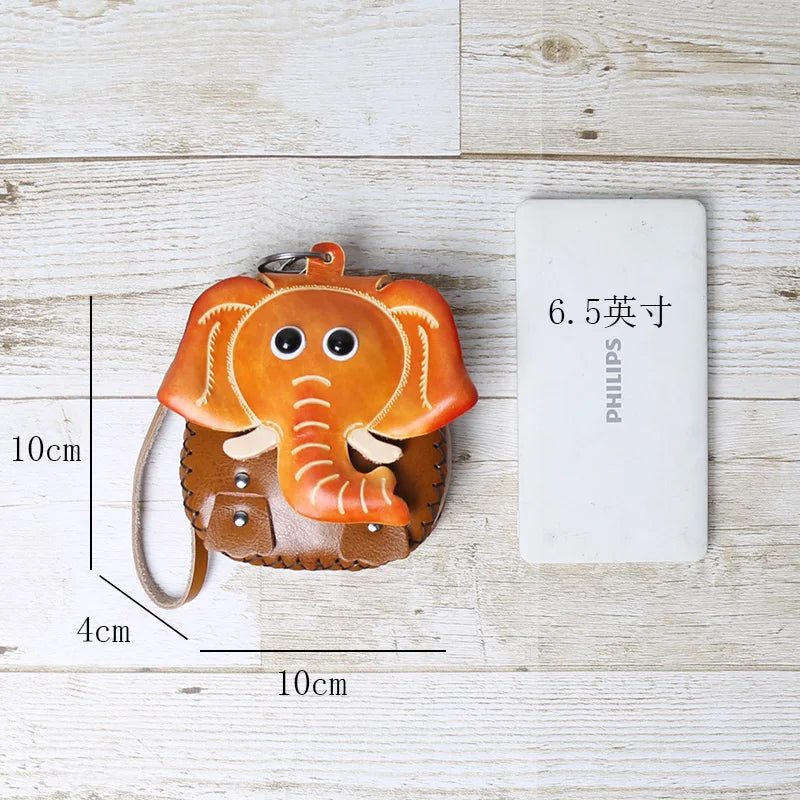 Top Layer Cowhide Creative Cartoon Elephant Zero Wallet Car Key Bag Children's Tree Cream Leather Elephant Gift