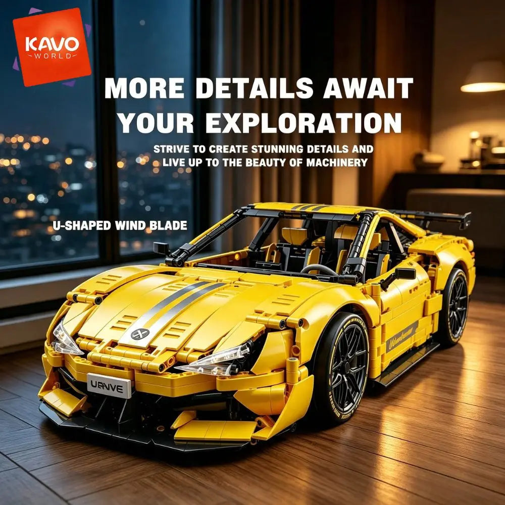 KAVOWORLD 2143pcs Yellow 1:10 Building Block Racing Car Sports Supercar Road Coupe Drift Vehicle Construction Kit with Movable Doors Adjustable Rear Wing DIY Assembly STEM Toys Home Desk Decor Hobby Christmas Halloween Birthd