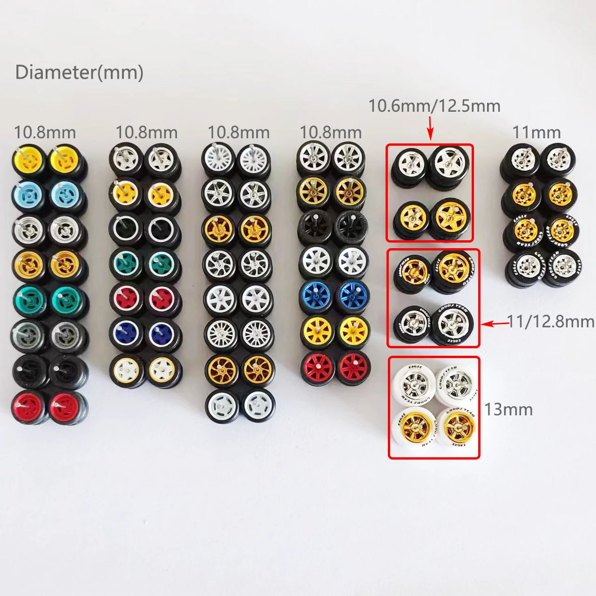 50 Sets 1/64 Wheels Pack with Rubber Tires Axles for 1:64 Matchbox Domeka Hotwheel Diecast Car Model Cars Wholesale