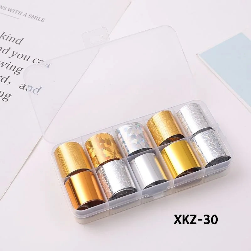 10 Rolls/ Box Charm Nail Foils Polish Stickers Metal Color Starry Paper Transfer Foil Wraps Adhesive Decals Nail Art Decorations