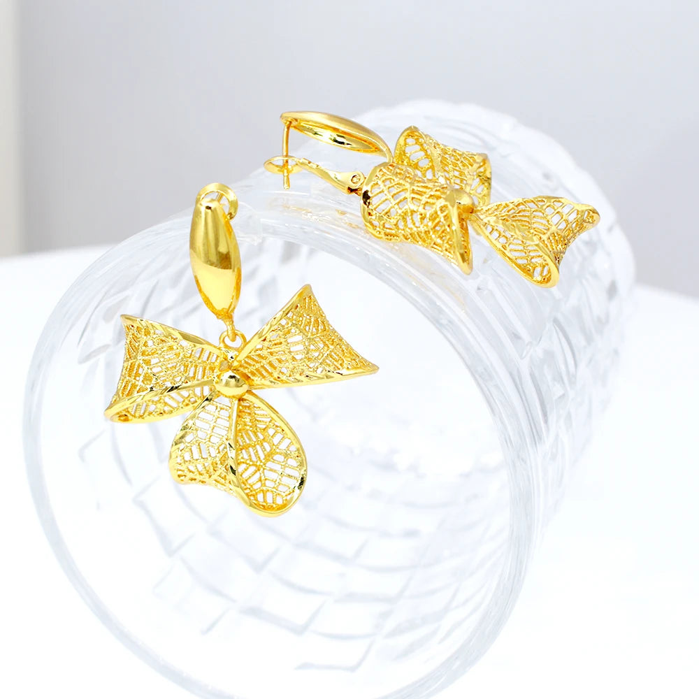 GZJPEI African Women's Bowknot Jewelry Set Gold Plated Necklace Earrings Bracelet Ring, Fashion 4PCS Jewelry Set For Women,