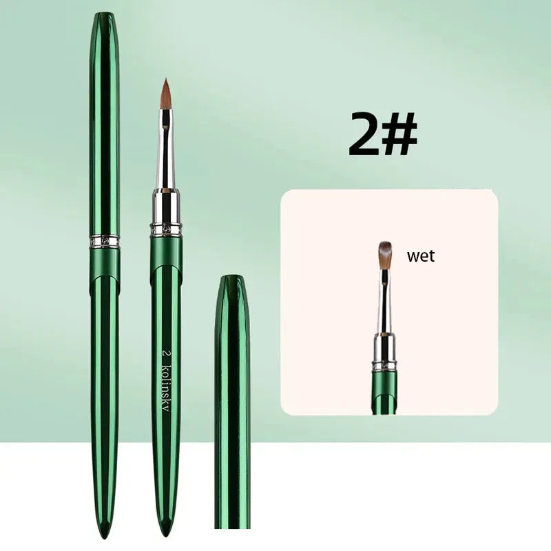 100% Kolinsky Acrylic Nail Brush 1Pcs Green Crimped Metal Handle Drawing Brush for Acrylic Powder Size 2-18