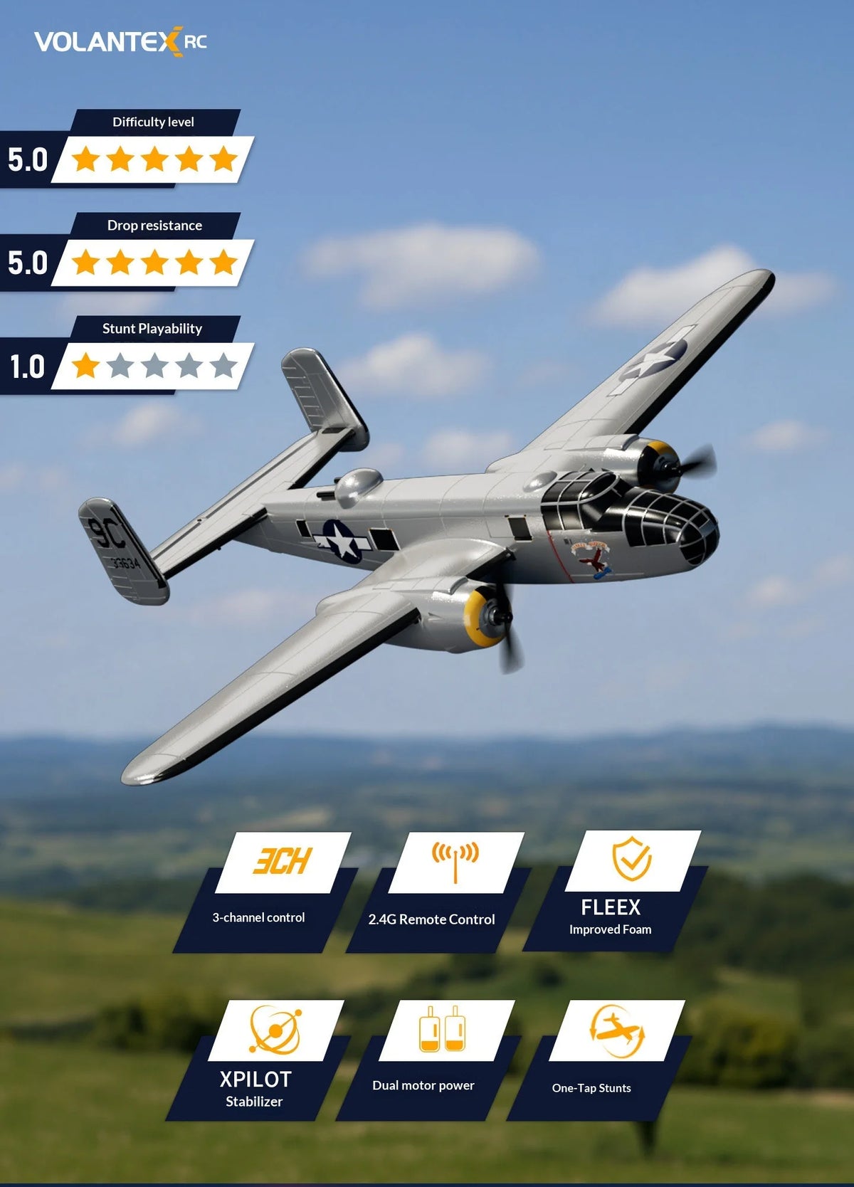 Volantex B25 Mitchell Bomber Remote Control Rc Fixed Wing 3 Channel Dual Motor Foam Airplane With Xpilot Stabilization System