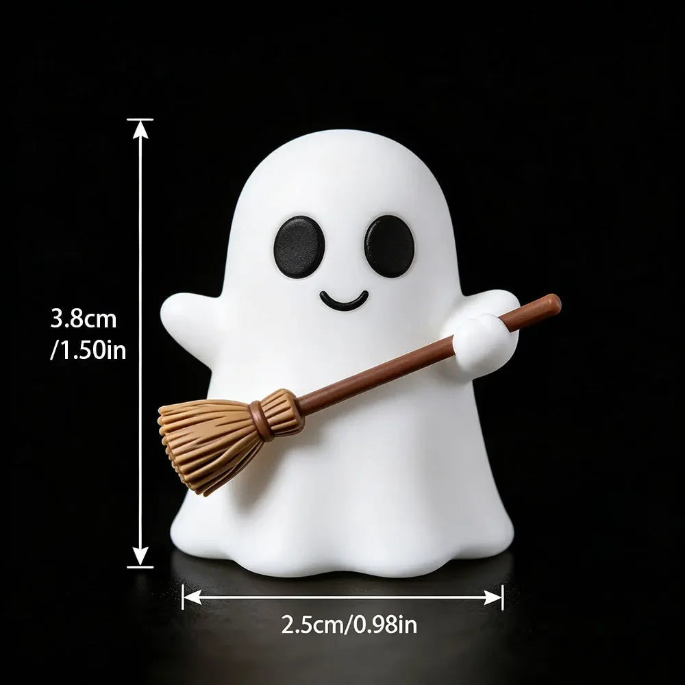 Halloween-themed desktop decoration scene - cute little ghosts, decorative items, mini glowing micro-landscape
