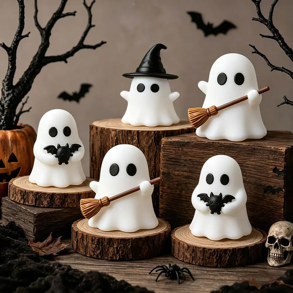 Halloween-themed desktop decoration scene - cute little ghosts, decorative items, mini glowing micro-landscape