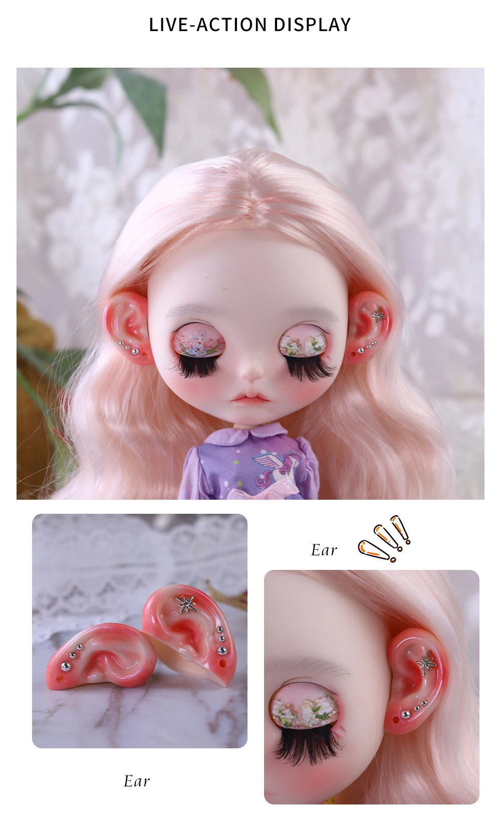 Blyth 1/6 Doll Ear: Hand-painted Ears with Rhinestone Texture and Openwork Design DIY Accessories for 30 cm Dolls