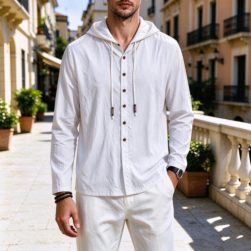 2026 New Men Linen Hooded Long Sleeve Shirt Drawstring Hood Casual Beach Vacation Travel Daily Walking Button Down Blouse