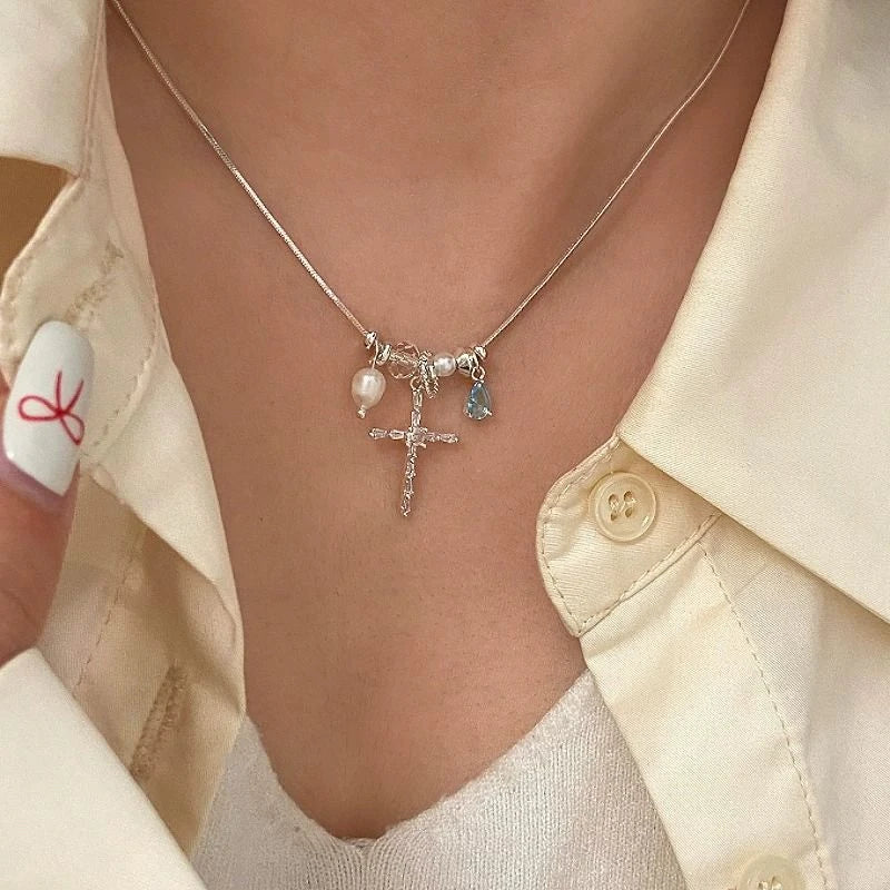 Sparkling Rhinestone Rotatable Snowflake Long Tassel Necklace For Women Crystal Zircon Pearl Cross Choker Christmas Jewelry