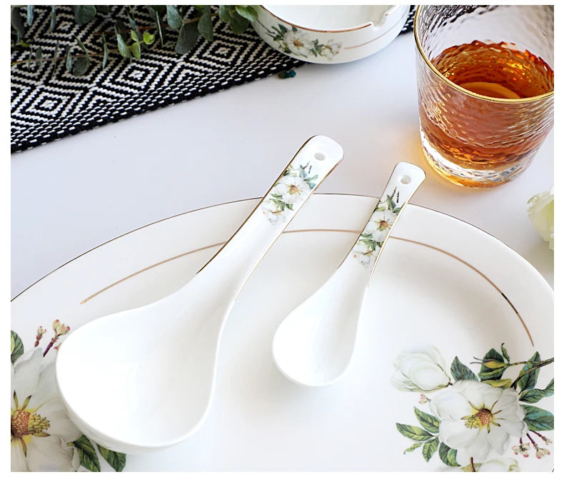 Bone China Dinnerware, Household Ceramic Rice Bowl, Deep Dishes, Soup Pots, Steak Flat Plate, Delicate Floral Tableware