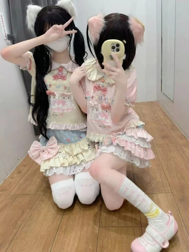 Japanese Kawaii T-shits Women Casual Y2k Crop Top Sweet Lolita Tees Design for Girls Clothing Short Sleeve T Shirts Outwear Chic