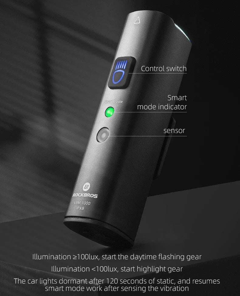 ROCKBROS Bike Light Bicycle Light Smart Vibration Sensing 1000Lumen 4000mAh 5 Modes Type-c LED Flashlight MTB Front Bike Lamp