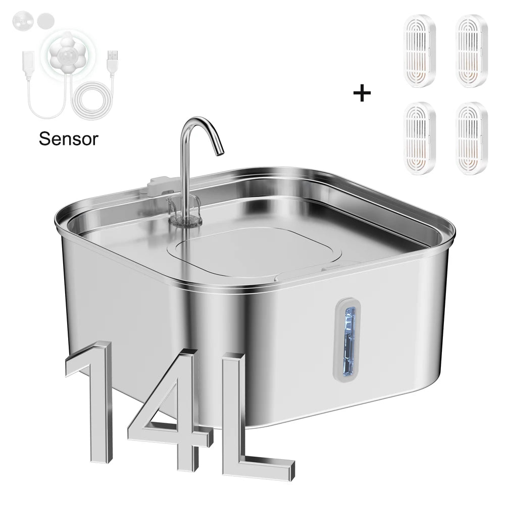14L Automatic Cat Water Fountain, Cat Fountain with Water Level Window, Stainless Steel Dog Water Feeder, Suitable for Large Pet