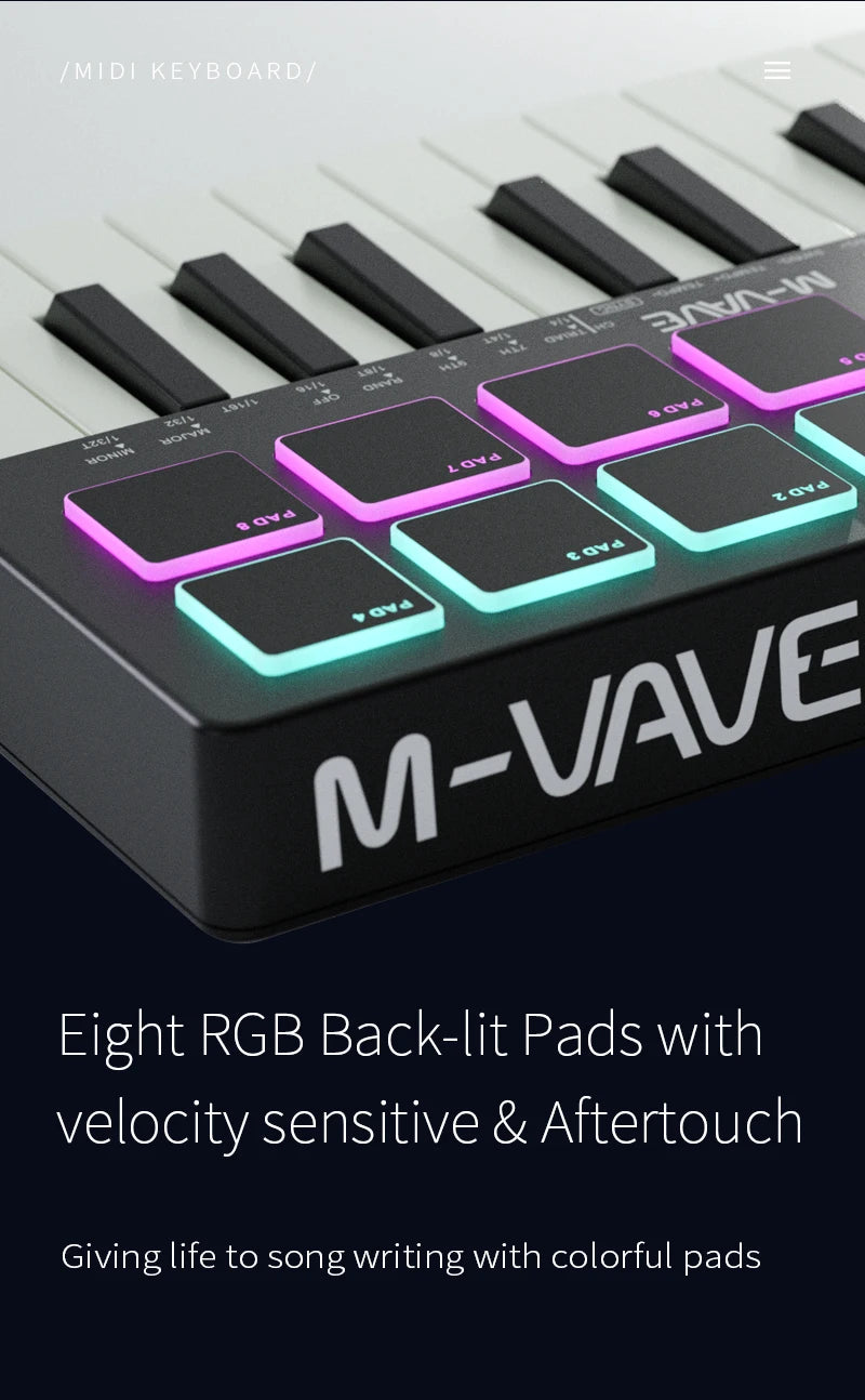 M-VAVE Portable MIDI 25-Key USB MIDI Keyboard Controller with 8 Backlit Drum Pads 8 Knobs 8 RGB Music Keyboard Instruments