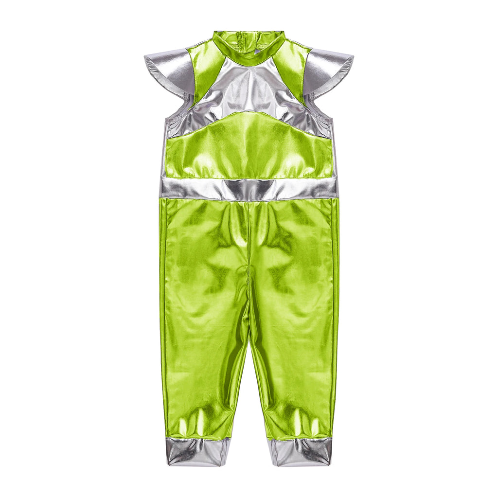 Toddler Boys Girls Shiny Alien Dress-up Costume Jumpsuit Cap Sleeve Zipper Metallic Romper for Photography Halloween Theme Party
