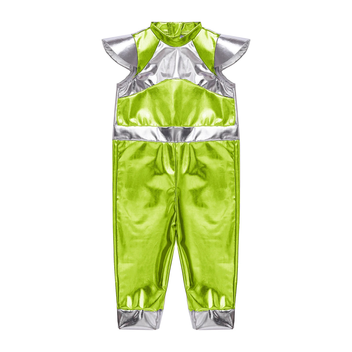 Toddler Boys Girls Shiny Alien Dress-up Costume Jumpsuit Cap Sleeve Zipper Metallic Romper for Photography Halloween Theme Party
