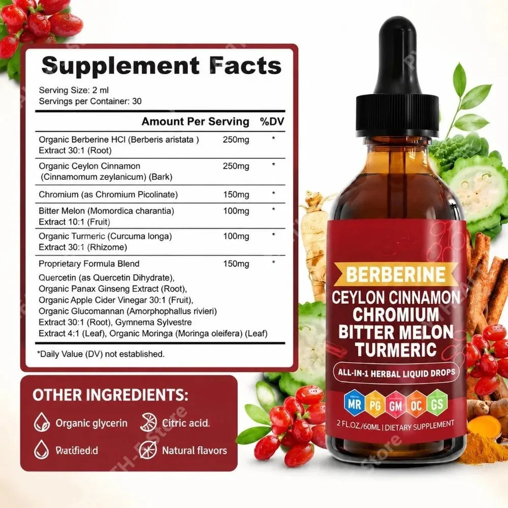 Berberine Ceylon Cinnamon Chromium Liquid Drops with Bitter Melon and Turmeric for Glucose Metabolism Support, 30 Servings