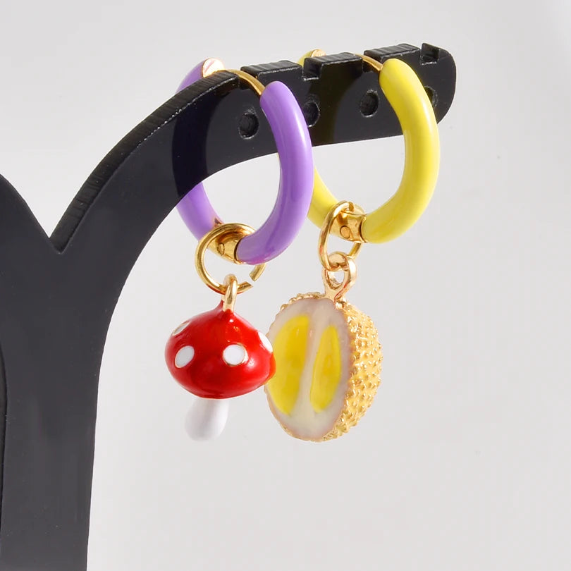 1Pair Dopamine Enamel Sweet Heart  Cute Bee Flower Y2K Girl Aesthetic Aretes Funny Food Cake Gothic Star Hoop Earrings Jewelry