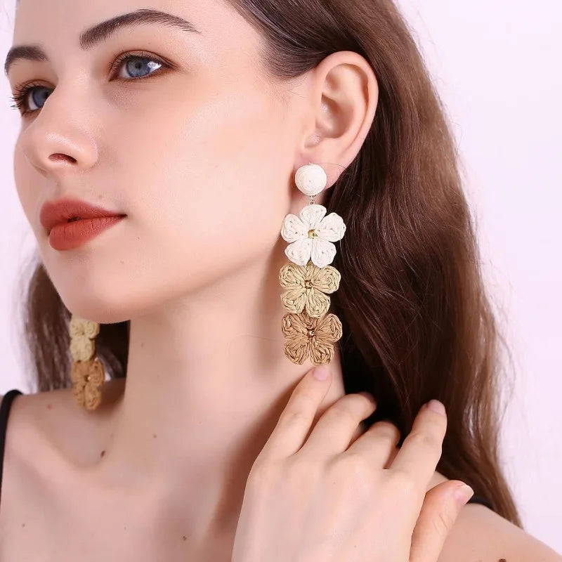 Raffia Flower Earrings for Women Mom, Raffia Straw Wrapped Flower Drop Dangle Earrings Summer Tropical Beach Jewelry Gifts