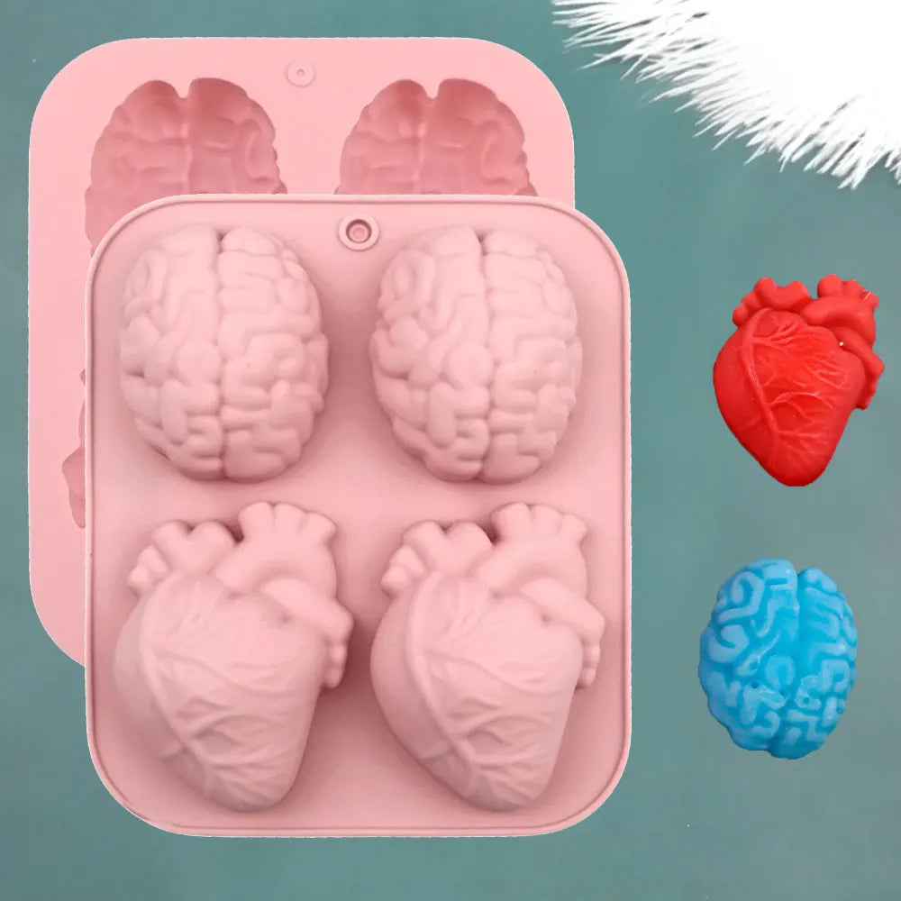 2 Cavity Heart Head Silicone Scent Candle Mold Human Brains Plaster Resin Mold Handmade 3D Organ Halloween Decor DIY Craft Gifts