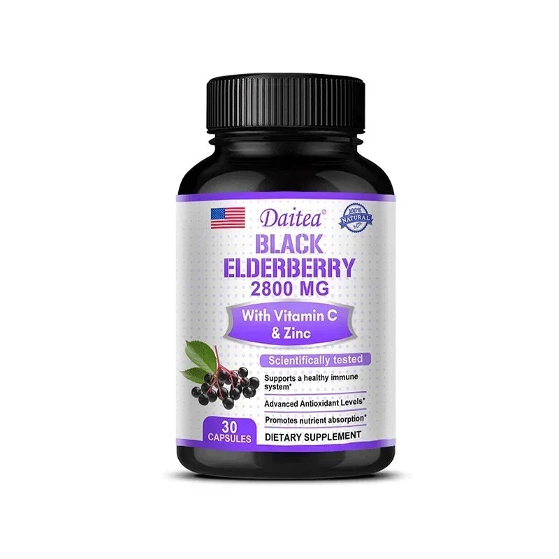 Black Elderberry Capsules 2000mg with Vitamin C, Milk Thistle, Antioxidants, Immune System Support, Energy Boost, Non-GMO