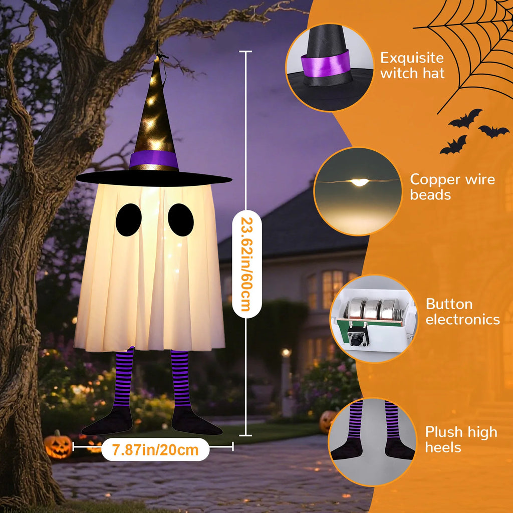 Halloween Hanging Ghost Decorations Outdoor, Glowing Ghost with Witch Hat String Lights for Yard Patio Garden Tree Decoration