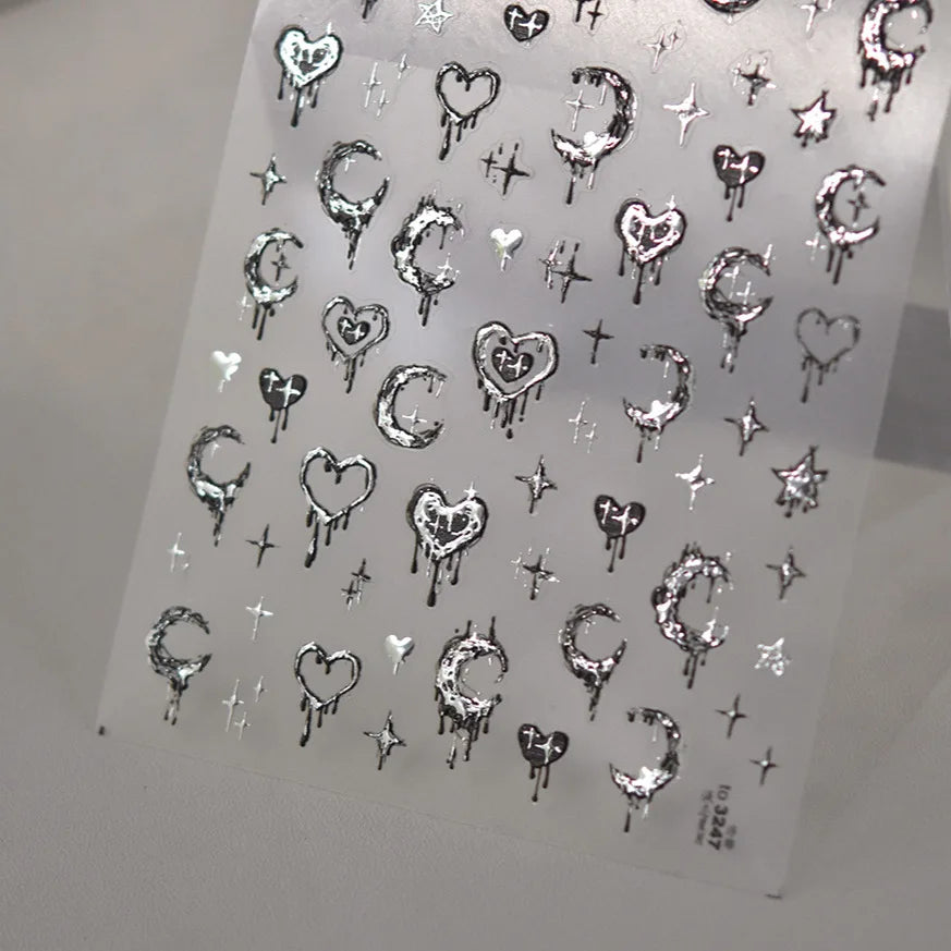 5D Nail Stickers Cute Stars Bow Nail Art Stickers Silver Metallic Metal Graffiti Gray Y2K Symbol DIY Nail 3D Decorations Decals