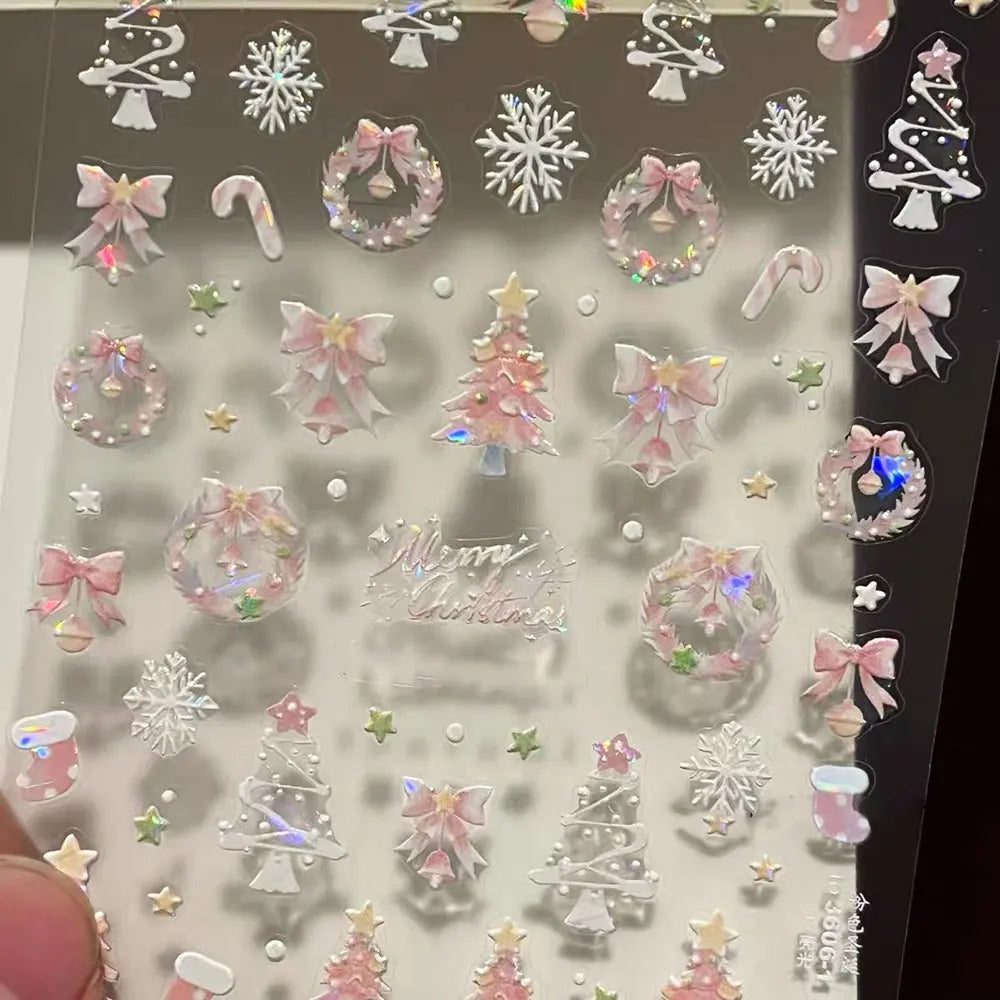 1pcs Aurora Pink Christmas Tree Bow Wreath Nail Art Stickers Cute Pink Stocking Snowflakes Nail Decals Self-Adhesive Xmas Decor