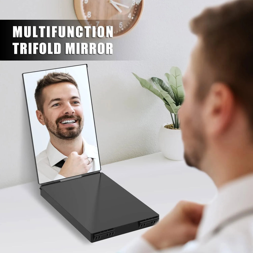 Black Portable 360 Mirror with Height Adjustable Telescoping Hooks Ideal for Self Hair Cutting Makeup Essential Fordable