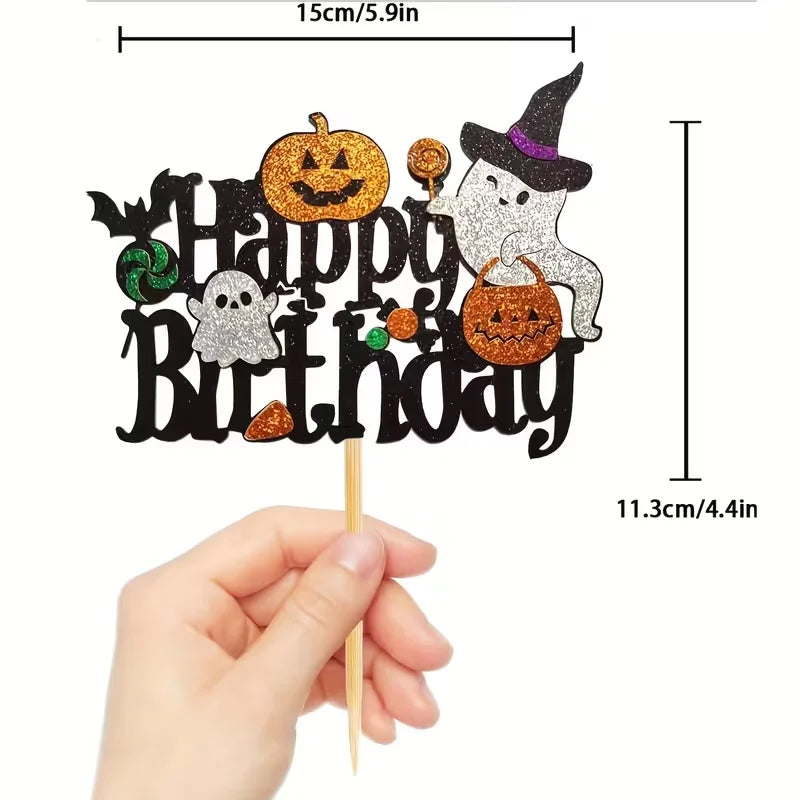1/3 Halloween Cake Decoration - Spooky Birthday Party Decoration with "Happy Birthday" Text, Glittering Pumpkin, Bat - Wooden Ca