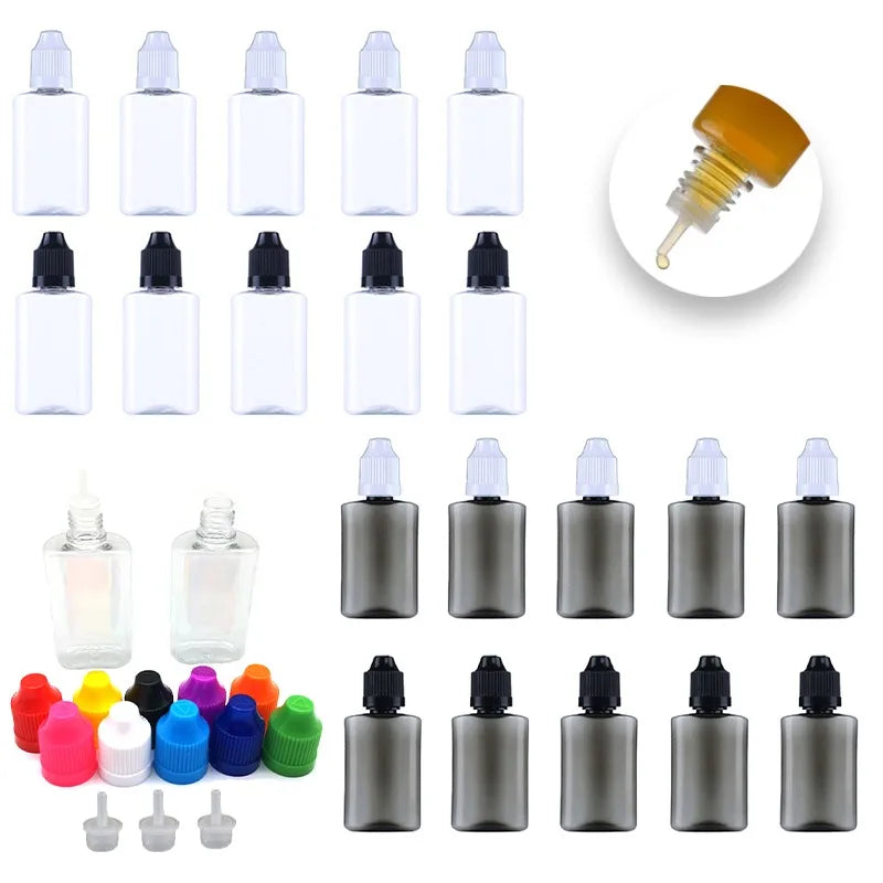 100pcs 30ml Clear/Black PET Plastic Square Flat Dropper Bottles Long Tip Cap Empty Liquid Dropper Squeezable Refillable Bottles