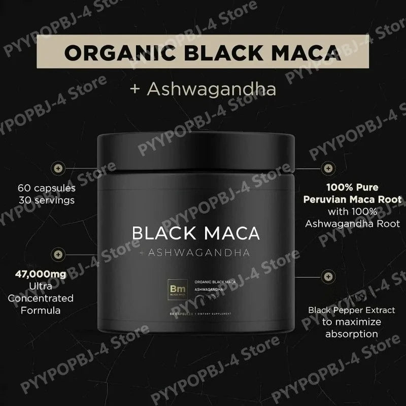 Black Maca Root Extract with Ashwagandha 60 Capsules Herbal Adaptogen Supplement for Men Women Energy Mood Stress Support