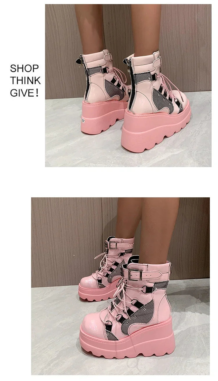 2025 New Design Women Punk Gothic Motorcycle Boots Platform Chunky High Heel Ankle Boot Ladies Cool Wedge Black Female Shoes