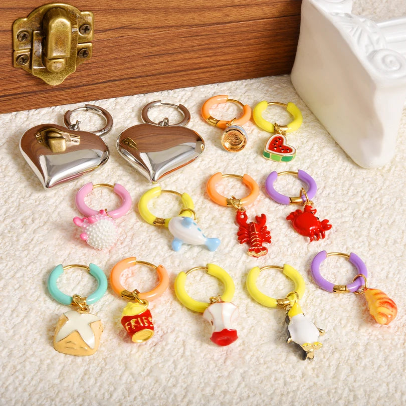 1Pair Dopamine Enamel Sweet Heart  Cute Bee Flower Y2K Girl Aesthetic Aretes Funny Food Cake Gothic Star Hoop Earrings Jewelry