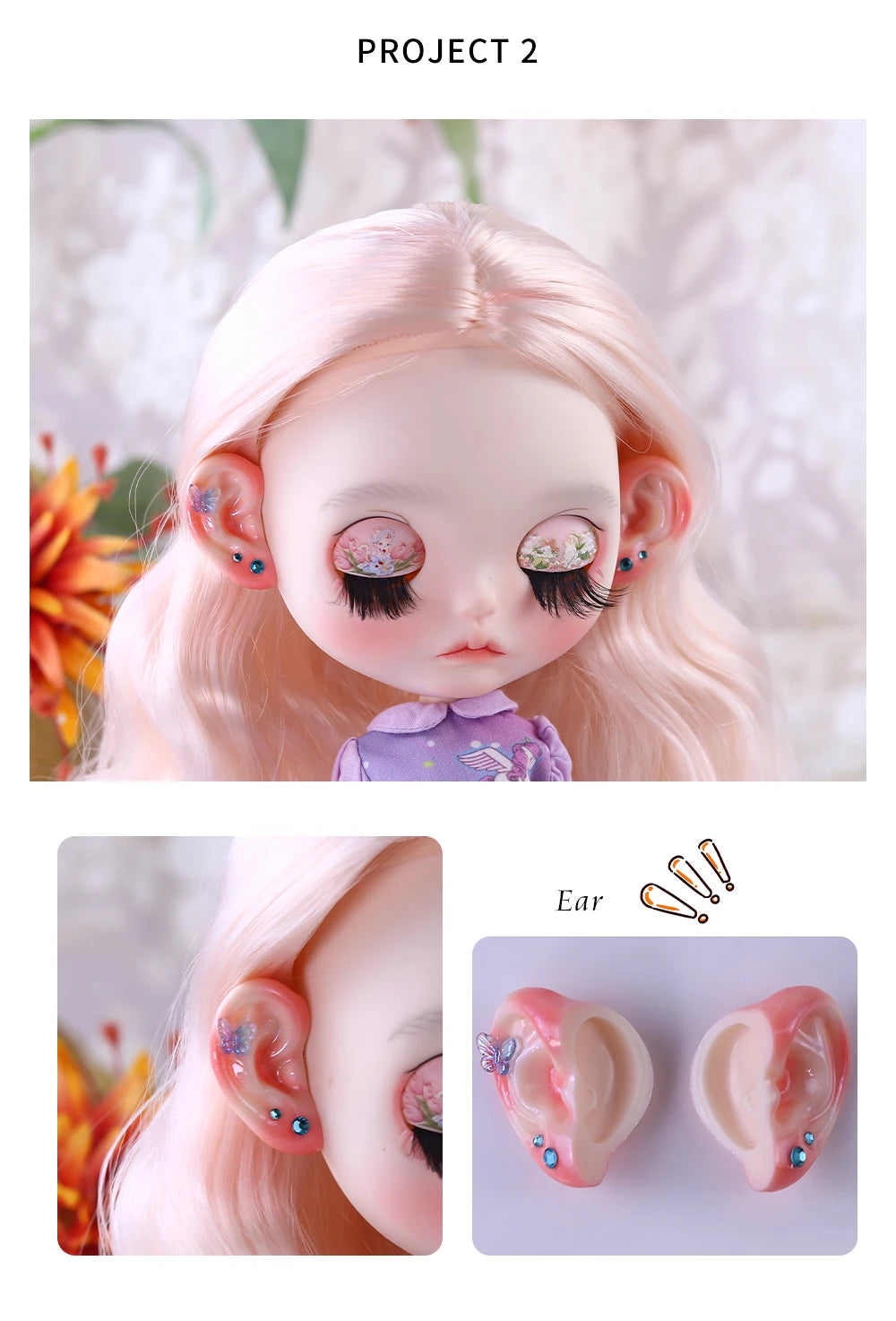 Blyth 1/6 Doll Ear: Hand-painted Ears with Rhinestone Texture and Openwork Design DIY Accessories for 30 cm Dolls