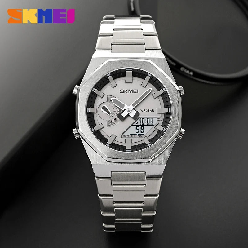 SKMEI Luxury Quartz Watch for Men Sport Stainless Steel Digital LED Display Waterproof Wristwatches Mens Clock Reloj Hombre 1816