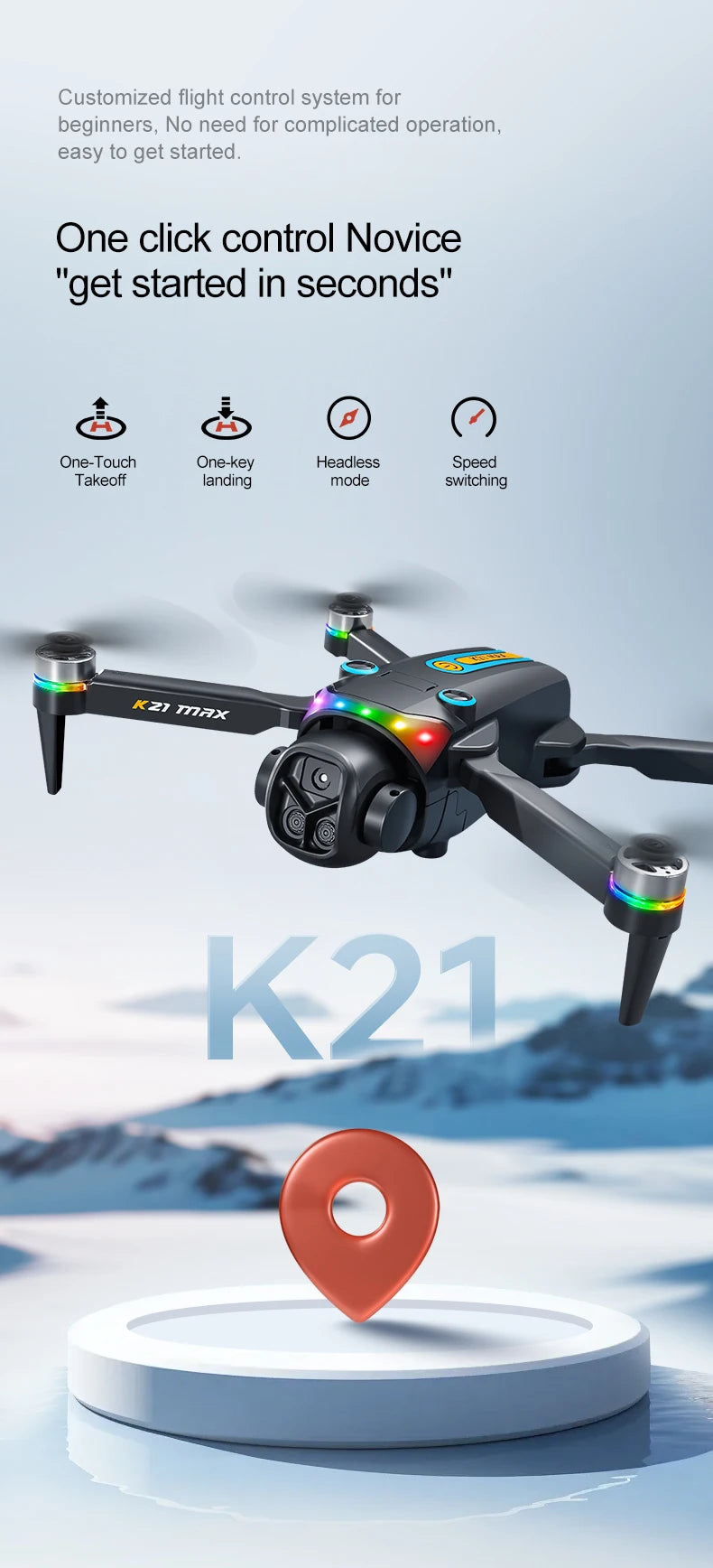 The K21MAX Drone, Equipped with a 4.3-Inch Built-in Screen Remote Controller, Is a Portable Remote-Controlled Quadcopter Suitable for Beginners. It Supports Optical Flow Hovering, Automatic Return-to-Home, and Makes a Great H