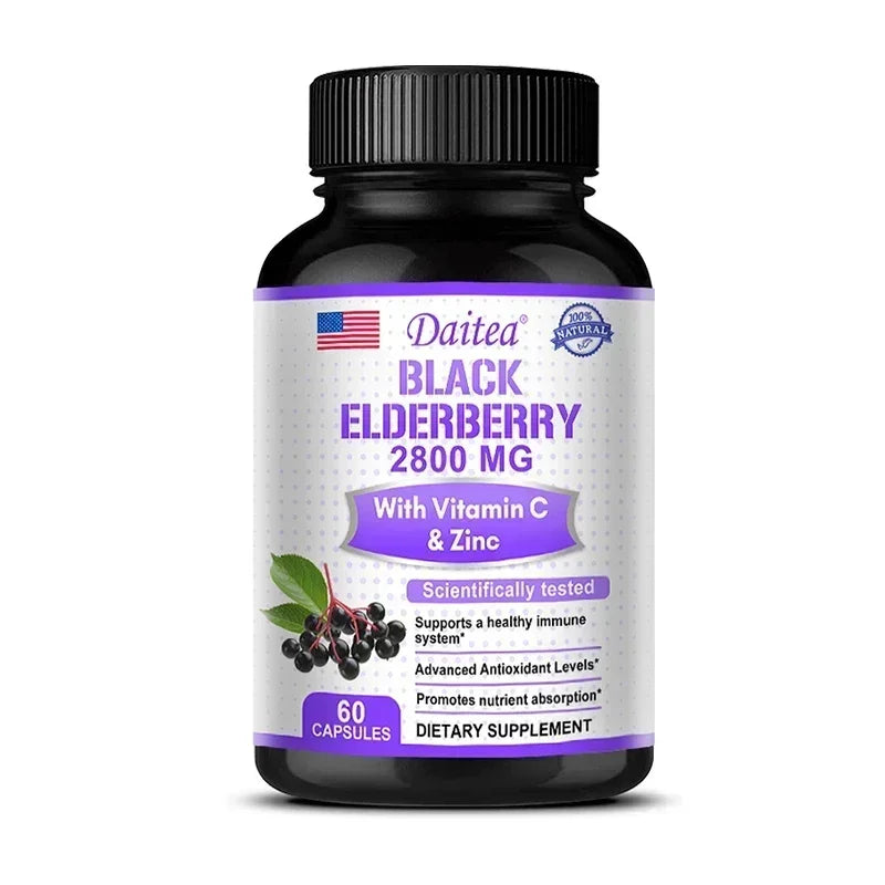 Black Elderberry Capsules 2000mg with Vitamin C, Milk Thistle, Antioxidants, Immune System Support, Energy Boost, Non-GMO